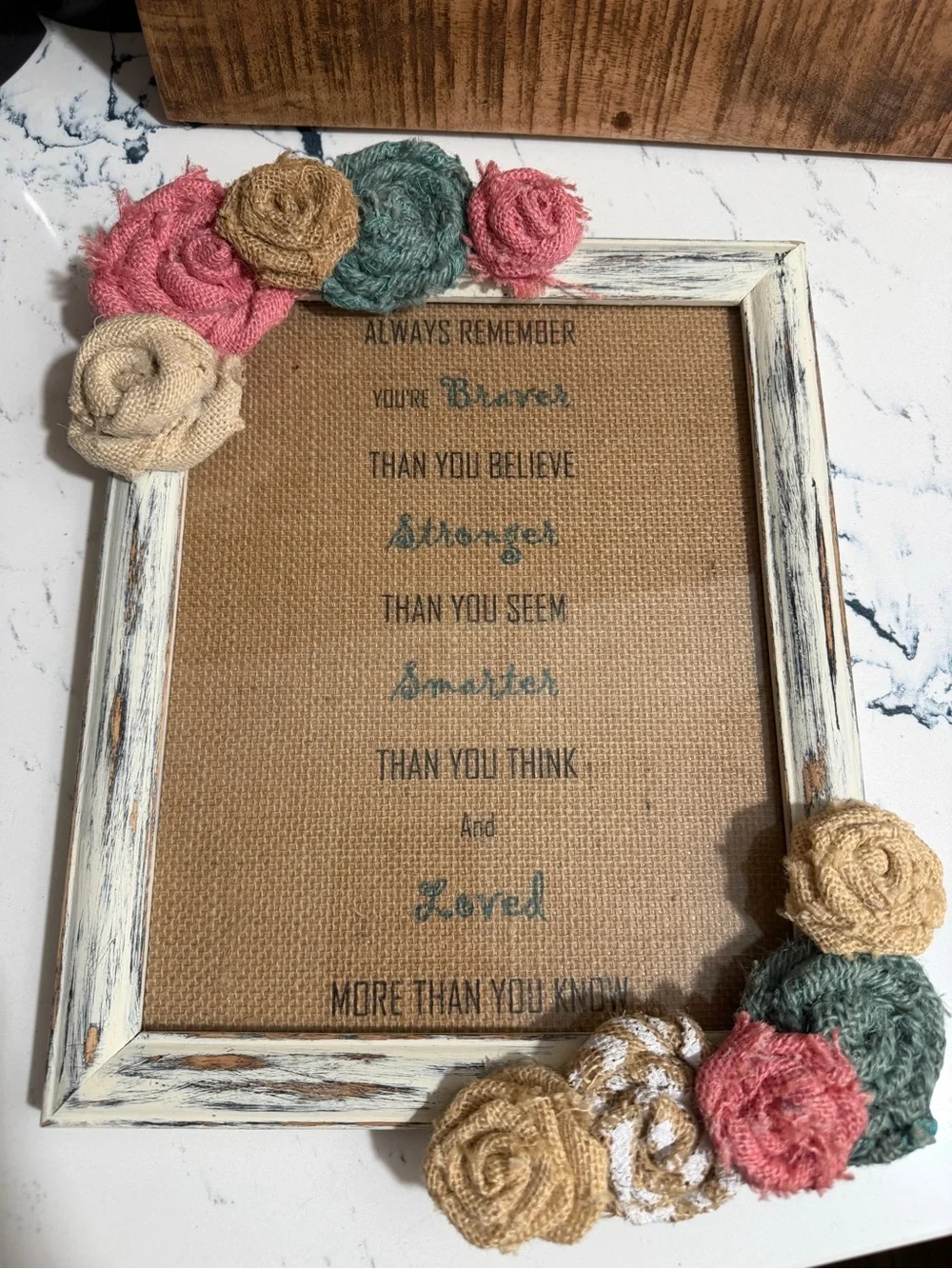 Rustic White Frame with Pink, Teal‎ and Beige Burlap Flowers -